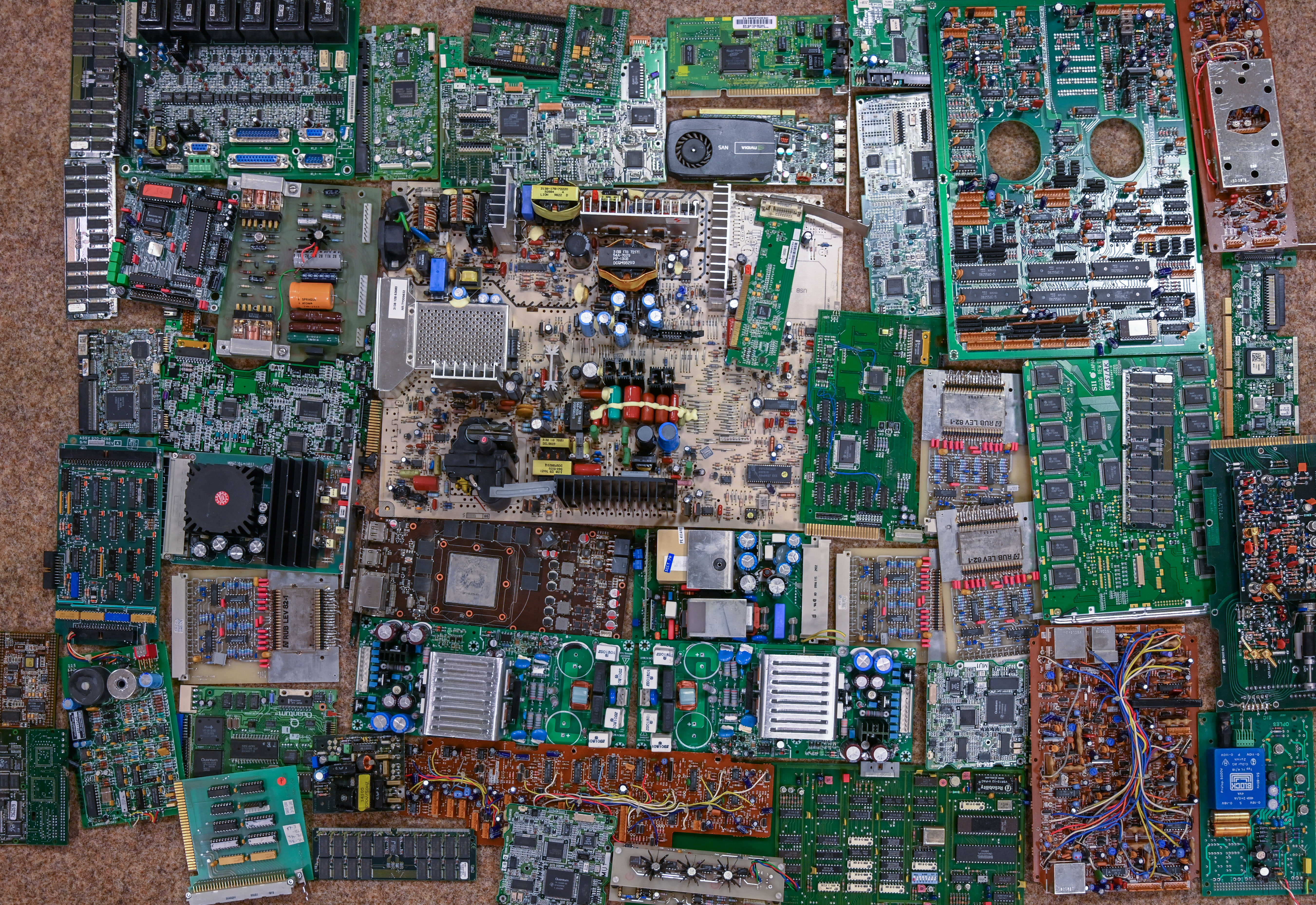 Printed circuit boards laid out on a table