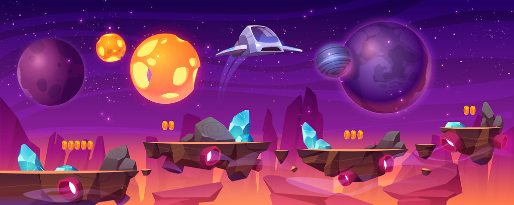 Colorful side-scrolling game artwork displayed on a widescreen monitor