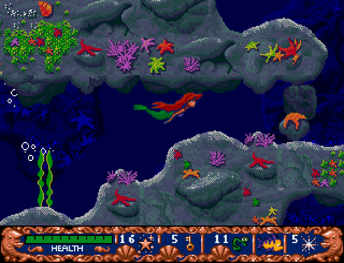 Ariel the Little Mermaid gameplay screenshot showing Ariel in an underwater level