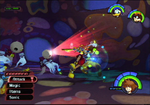 Kingdom Hearts battle screenshot showing the crossover action style that blends Disney worlds with adventure gameplay